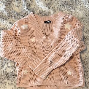 Pink V-Neck Sweater with Star Accents